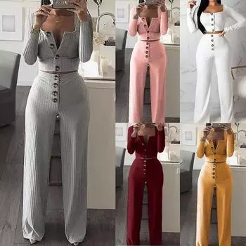 Новинка, 2 шт., женский модный тонкий вязаный топ с длинным рукавом + прямые брюки, комплект женской одежды XXL белый