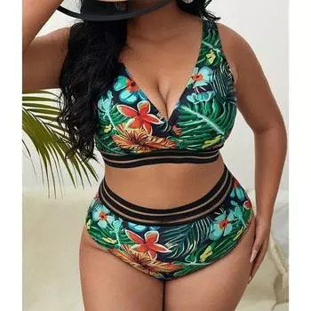 Новые купальники больших размеров 4XL, комплект из 2 предметов, женские бикини с высокой талией и эффектом пуш-ап, летние купальники с цветочным принтом, большие размеры 1XL