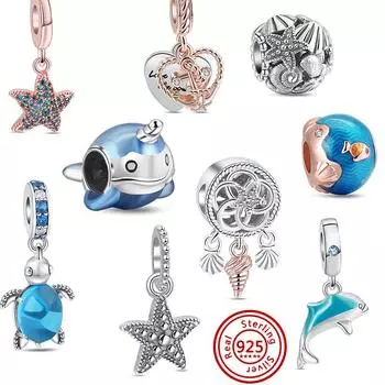 Новинка, 925 пробы серебро, летняя серия Ocean, очаровательные бусины, подходят оригинальные брендовые подвески, браслет, Дельфин, морская звезда, морские украшения