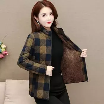 Новинка, бархатное теплое женское пальто, топы, короткие стеганые куртки, зимняя верхняя одежда для мам, хлопковое пальто, женская клетчатая куртка 5XL XL