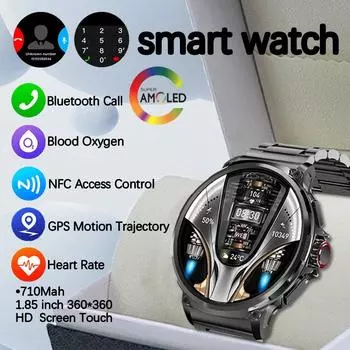 Новинка для Huawei Samsung GPS Tracking Smart Watch Men Ultra HD AMOLED Max Screen 1,85 дюйма 710 мАч Hear Trate BT Call NFC Smartwatch чёрный