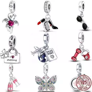 Новинка, гантель из стерлингового серебра 925 пробы, сумка для покупок и солнцезащитные очки, висячие подвески из бисера, подходят для милого модного браслета, модные ювелирные изделия, подарок