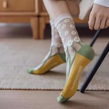 Новинка Harajuku ретро летние тонкие прозрачные стеклянные носки для женщин и девочек с цветочным принтом милые носки в японском стиле с кристаллами шелковые носки One Size разноцветный