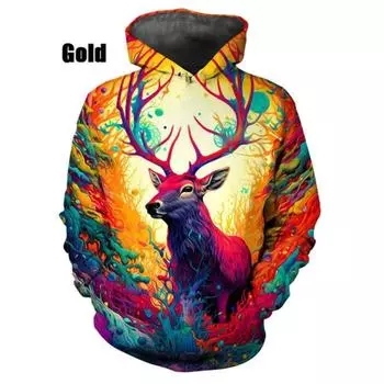 Новинка, красочный олень, 3D-принт, толстовка с капюшоном, забавная, модная, повседневная, хип-хоп, длинный рукав, крутой пуловер 6XL