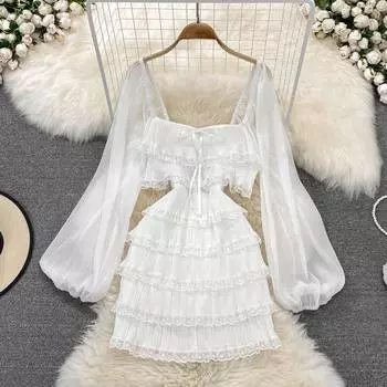 Новинка лета 2022, короткое платье феи, пляжное платье на морском курорте Санья, модное сетчатое платье с рукавами-фонариками и открытой спиной, трапеци...