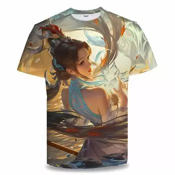 Новинка лета, круглый воротник King Rong Yao с 3D принтом, белый журавль, богиня Лян, с короткими рукавами, Big Joe XS