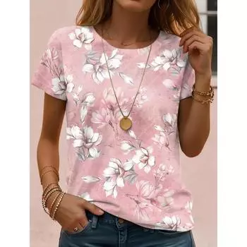 Новинка лета, женская футболка, повседневная, с цветочным принтом, праздничные 3D-принты, повседневные футболки с коротким рукавом, модные футболки с круглым вырезом для женщин S