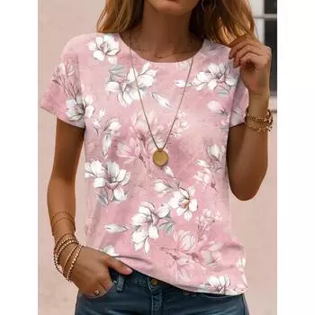 Новинка лета, женская футболка, повседневная, с цветочным принтом, праздничные 3D-принты, повседневные футболки с коротким рукавом, модные футболки с круглым вырезом для женщин S