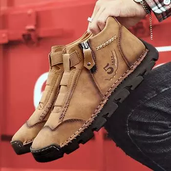 Новинка! Мужская обувь из натуральной кожи, роскошные туфли без застежек, ботильоны ручной работы, удобные зимние модные мокасины для мужчин, повседневная обувь 42 хаки