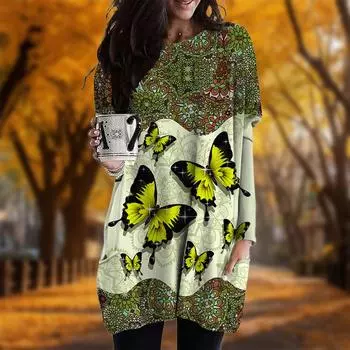 Новинка осени Бабочка Лес Принт Плюс Размер Платье Женское O neck Длинные рукава Повседневные Карманные Платья XS фиолетовый