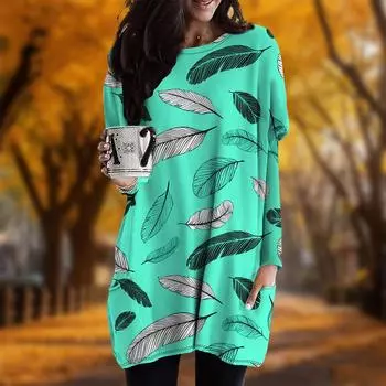 Новинка осени Черное платье с принтом перьев больших размеров Женское повседневное платье с круглым вырезом и длинными рукавами с карманами XS чёрный