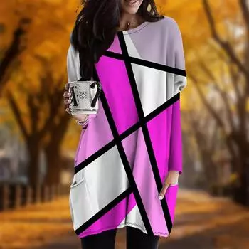 Новинка осени Черное платье с принтом в сетку больших размеров для женщин с круглым вырезом и длинными рукавами Повседневные платья с карманами XS фиолетовый