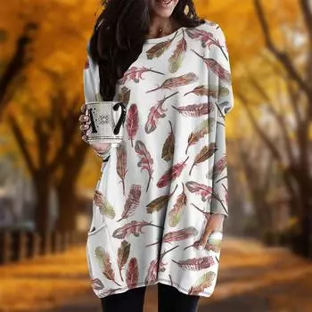 Новинка осени Чистый перьевой принт плюс размер платье женщины O neck Длинные рукава повседневные карманные платья XS красный