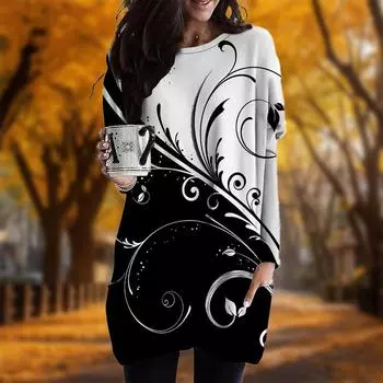 Новинка осени Цветной блокированный травяной принт Платье размера плюс Женское О-образный вырез Длинные рукава Повседневные платья с карманами XS белый