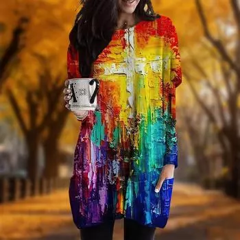 Новинка осени Цветной крест принт плюс размер платье женщины O neck Длинные рукава повседневные карманные платья XS синий