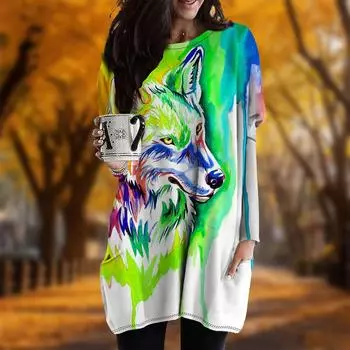 Новинка осени Цветной принт головы волка Плюс Размер Платье Женское O neck Длинные рукава Повседневные Карманные Платья XS фиолетовый