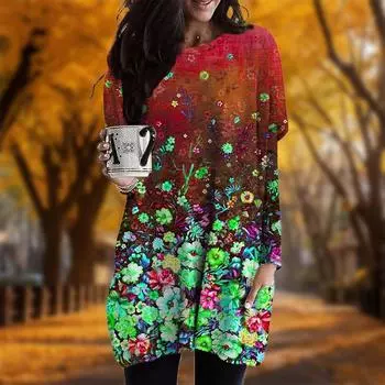 Новинка осени Цветы в гроздьях принт платья больших размеров для женщин с круглым вырезом и длинными рукавами повседневные платья с карманами XS фиолетовый