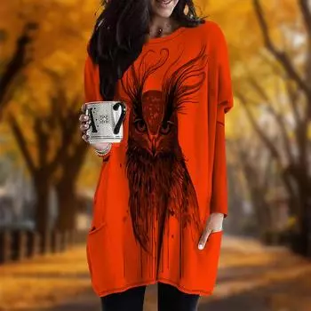 Новинка осени Длинношерстная сова с принтом больших размеров Платье женское O neck Длинные рукава Повседневные платья с карманами XS красный