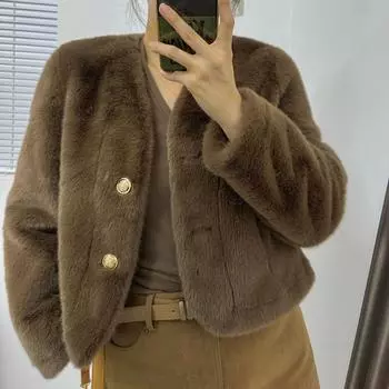 Новинка осени и зимы, новая короткая меховая шуба из золотистой норки с V-образным вырезом, экологически чистая шуба из бархата One size fits all