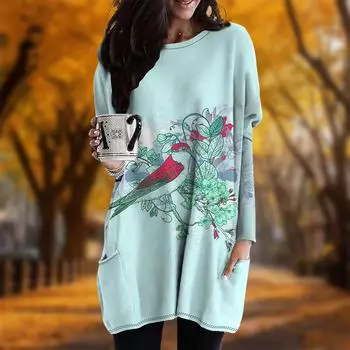 Новинка осени Iris Laevigata Print Plus Size Dress Women O neck Long Sleeves Casual Pocket Dresses XS фиолетовый