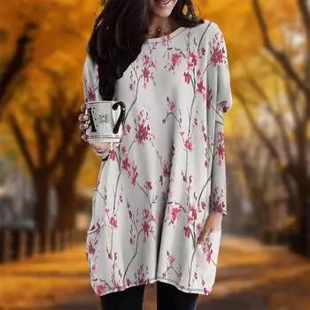 Новинка осени Элегантное платье размера плюс с принтом сливы Женское повседневное платье с круглым вырезом и длинными рукавами с карманами XS темно-синий