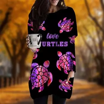 Новинка осени камуфляжное платье с принтом морской черепахи больших размеров для женщин с круглым вырезом и длинными рукавами повседневные платья с карманами XS красный