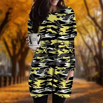 Новинка осени камуфляжный принт плюс размер платье женщины O neck длинные рукава повседневные карманные платья XS фиолетовый