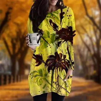 Новинка осени Картина маслом с принтом кокосовой пальмы Платье больших размеров для женщин с круглым вырезом и длинными рукавами Повседневные платья с карманами XS красный