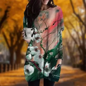 Новинка осени Китайская живопись Цветок сливы Принт Плюс Размер Платье Женское O-образный вырез Длинные рукава Повседневные Карманные Платья XS чёрный