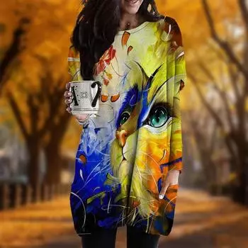 Новинка осени Кошачья вселенная с принтом больших размеров женское платье с круглым вырезом и длинными рукавами повседневные платья с карманами XS темно-синий