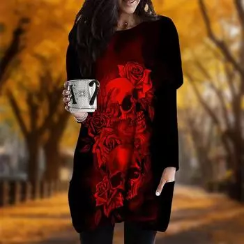 Новинка осени Креативное платье с принтом черепа и розы большого размера для женщин с круглым вырезом и длинными рукавами Повседневные платья с карманами XS фиолетовый