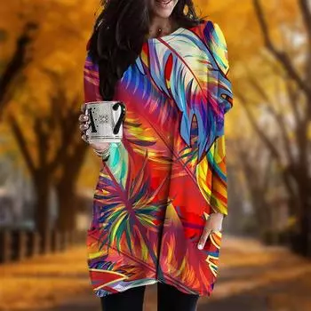 Новинка осени масляная живопись перья принт платье размера плюс женские O-образный вырез длинные рукава повседневные карманные платья XS фиолетовый