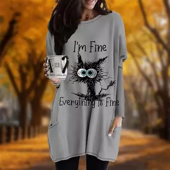 Новинка осени Меланхоличный кошачий принт плюс размер платье женщины O neck Длинные рукава повседневные карманные платья XS фиолетовый