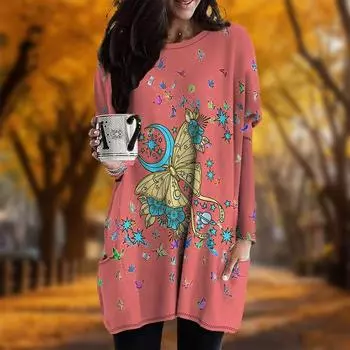 Новинка осени, мультяшный волшебный принт бабочки, платье больших размеров для женщин с круглым вырезом, длинными рукавами, повседневные платья с карманами XS красный