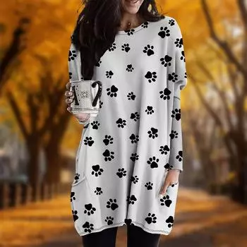 Новинка осени однотонное платье большого размера с принтом собачьей лапки, женское повседневное платье с круглым вырезом и длинными рукавами и карманами XS белый