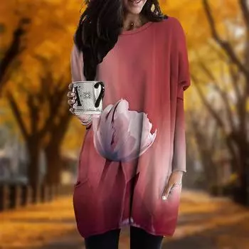 Новинка осени. Платье больших размеров с принтом свежей лилии. Женское повседневное платье с круглым вырезом и длинными рукавами. Платья с карманами. XS фиолетовый