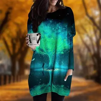 Новинка осени. Платье больших размеров с принтом светящегося дерева. Женское повседневное платье с круглым вырезом и длинными рукавами. Платья с карманами. XS фиолетовый