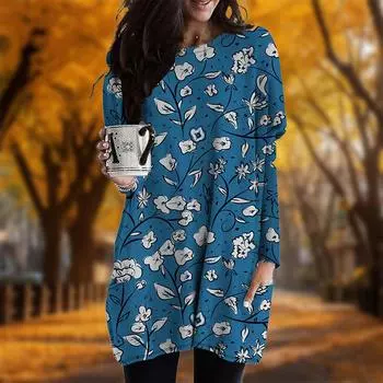 Новинка осени. Платье большого размера с цветочным принтом. Женское повседневное платье с круглым вырезом и длинными рукавами. Платья с карманами. XS фиолетовый