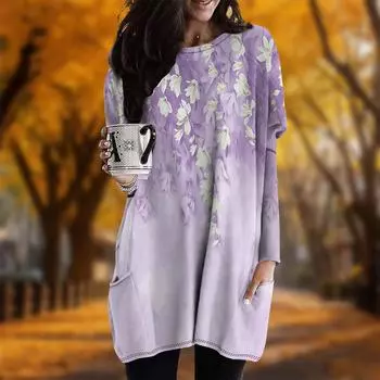 Новинка осени. Платье большого размера с принтом в виде цветка. Женское повседневное платье с круглым вырезом и длинными рукавами. Платья с карманами. XS фиолетовый