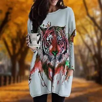 Новинка осени. Платье большого размера с принтом тигра. Женское повседневное платье с круглым вырезом и длинными рукавами. Карманы. XS красный