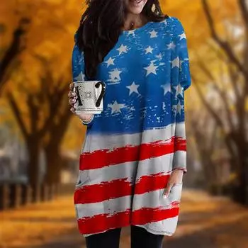 Новинка осени. Платье большого размера с принтом флага. Женское повседневное платье с круглым вырезом и длинными рукавами. Платья с карманами. XS фиолетовый