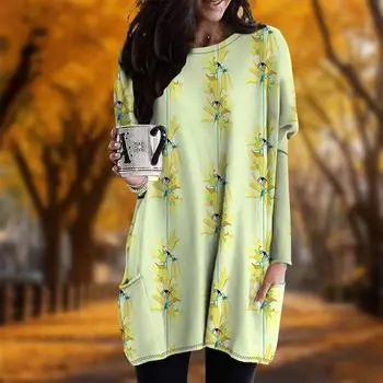 Новинка осени Простой принт в виде цветка-трубы Плюс Размер Платье Женское O-образный вырез Длинные рукава Повседневные платья с карманами XS фиолетовый