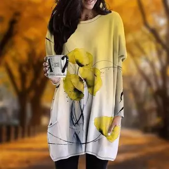 Новинка осени Простой ваза Цветочный Принт Плюс Размер Платье Женщин О-Образным Вырезом Длинные Рукава Повседневные Карманные Платья XS красный