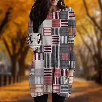 Новинка осени Простые линии Блоки Принт Плюс Размер Платье Женщин О-образным Вырезом Длинные Рукава Повседневные Карманные Платья XS чёрный