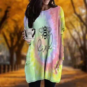 Новинка осени Радужный пчела Принт Плюс Размер Платье Женщин О-образным Вырезом Длинные Рукава Повседневные Карманные Платья XS фиолетовый