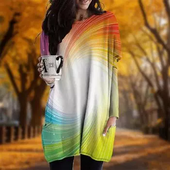 Новинка осени Радужный Принт Плюс Размер Платье Женское O-образный вырез Длинные рукава Повседневные Карманные Платья XS красный