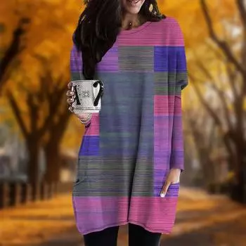 Новинка осени Ретро Блоки Принт Плюс Размер Платье Женское O neck Длинные рукава Повседневные Карманные Платья XS фиолетовый