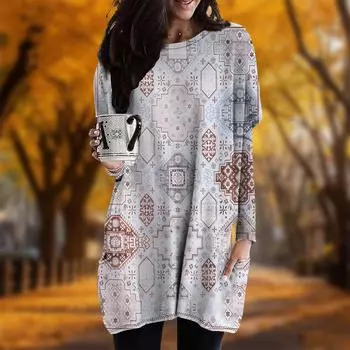 Новинка осени Ретро суд печати платья больших размеров для женщин О-образный вырез длинные рукава повседневные карманные платья XS фиолетовый