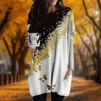 Новинка осени с красочным принтом бабочек и большими размерами платье для женщин с круглым вырезом и длинными рукавами повседневные платья с карманами XS белый