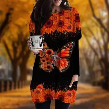 Новинка осени с принтом бабочек и хризантем плюс размер платье для женщин с круглым вырезом и длинными рукавами повседневные платья с карманами XS фиолетовый